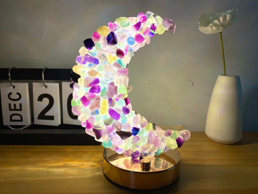 Rabbit Natural Fluorite Gemstone Lamps, Handmade Crystal Light, Table Lamp,Desk Lamp, Crystal Lamp, Moon Shape,Night Light, Gift. USB Light