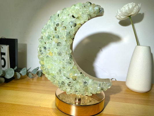 Rooster Handmade Prehnite Moon Lamps, Crystal Moon Lamp, Crystal Gift
